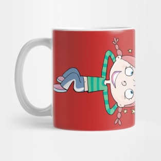 boy and a girl lie down and come up with ideas by touching their heads Mug